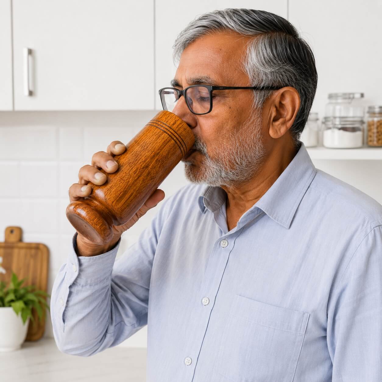 Person Drinking Water from Vijaysar Wood Glass